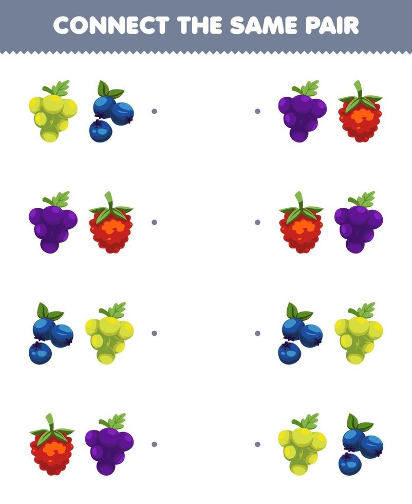 jeu éducatif pour les enfants connecter la même image de dessin animé mignon raisin myrtille et framboise feuille de travail de fruits imprimable vecteur