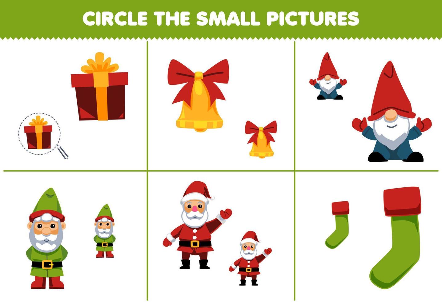 jeu d'éducation pour les enfants cercle la petite image de boîte-cadeau de dessin animé mignon cloche gnome chaussette de père noël feuille de travail d'hiver imprimable vecteur