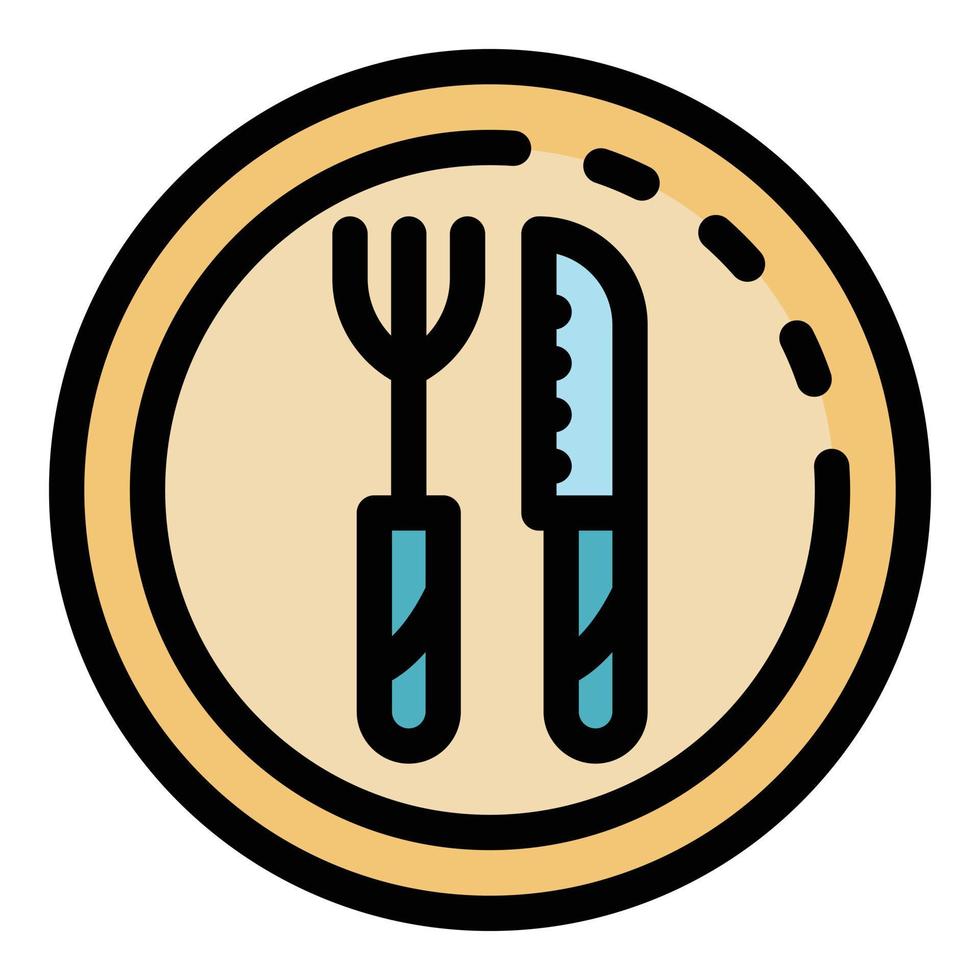 couteau, fourchette, plaque, icône, couleur, contour, vecteur