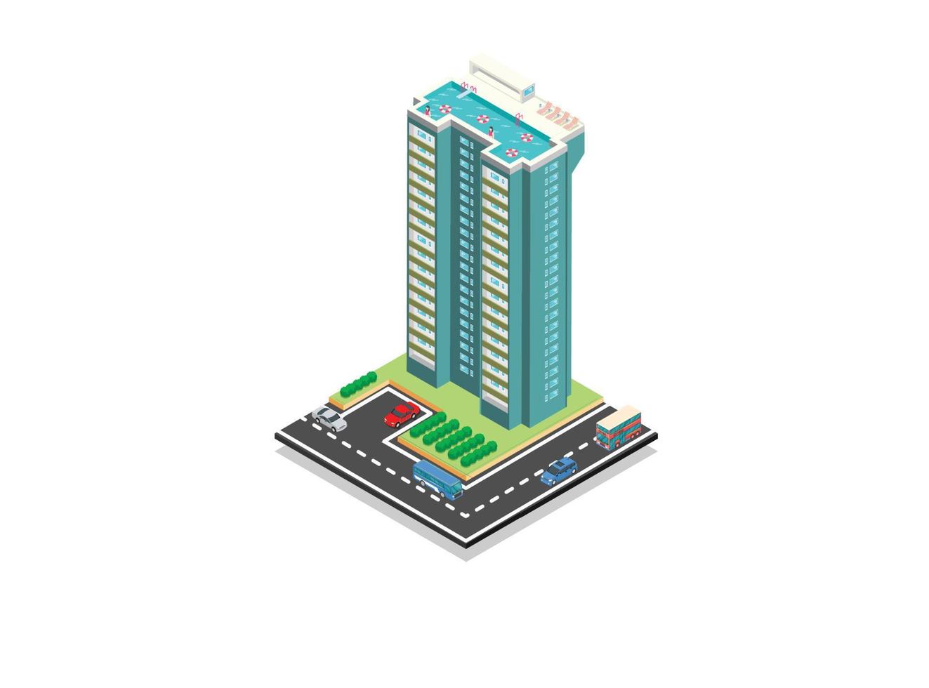 icône isométrique vectorielle ou éléments infographiques représentant un immeuble d'appartements de ville low poly avec rue et voitures pour la création de plan de ville. adapté aux diagrammes, infographies et autres ressources graphiques vecteur