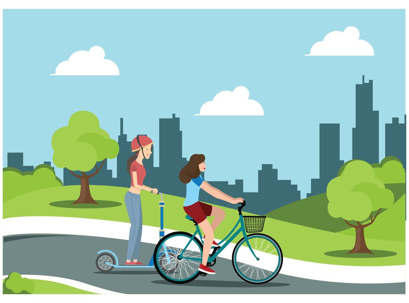 illustration du vélo dans le parc en famille, en bordure de route par temps ensoleillé. adapté aux diagrammes, infographies et autres ressources graphiques vecteur