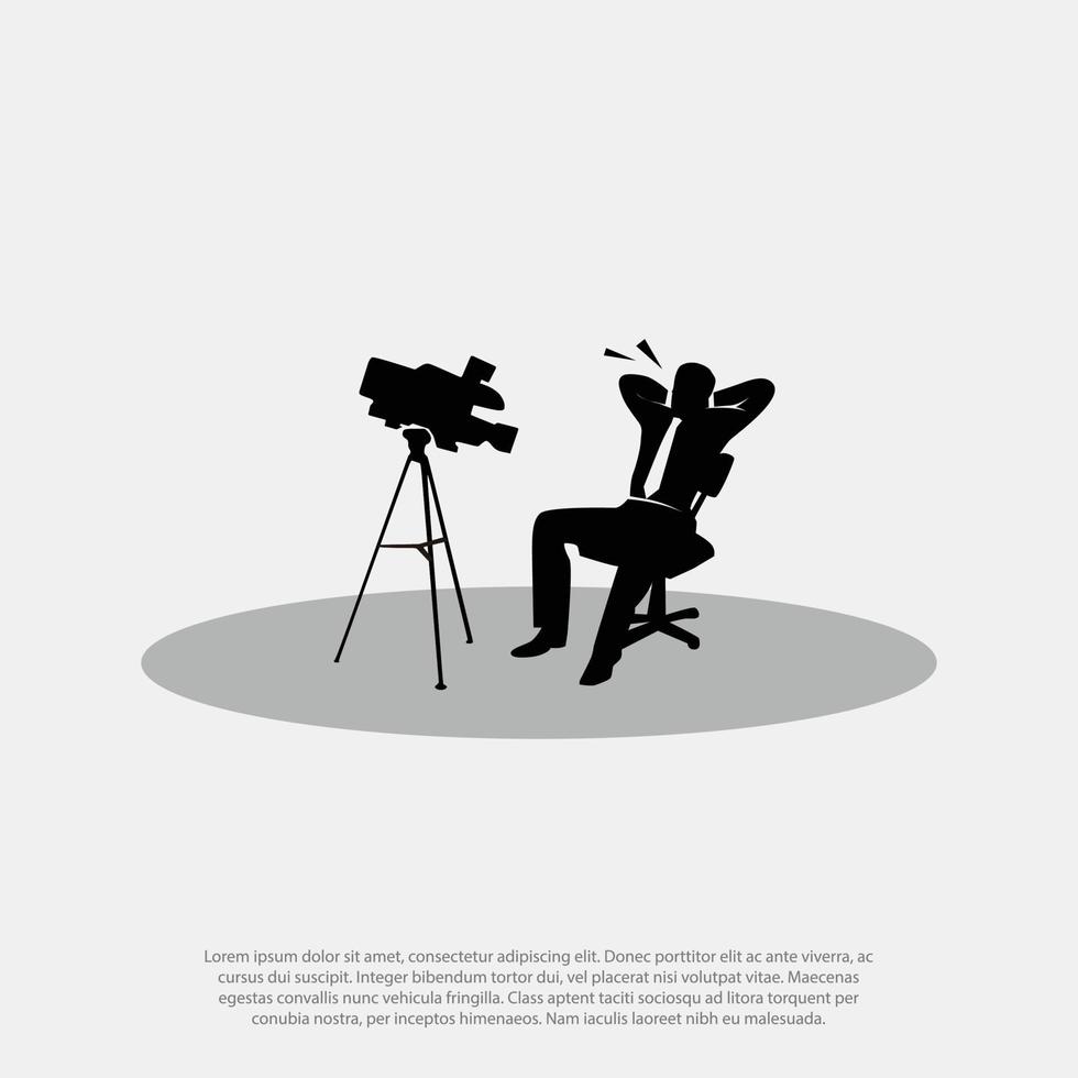 le blogueur vidéo enregistre la vidéo de la caméra. microphone, caméra, arrière-plan, enregistrement. illustration plate de vecteur. homme qui se détend dans le fauteuil et s'auto-diffuse en tant que vlogger vecteur