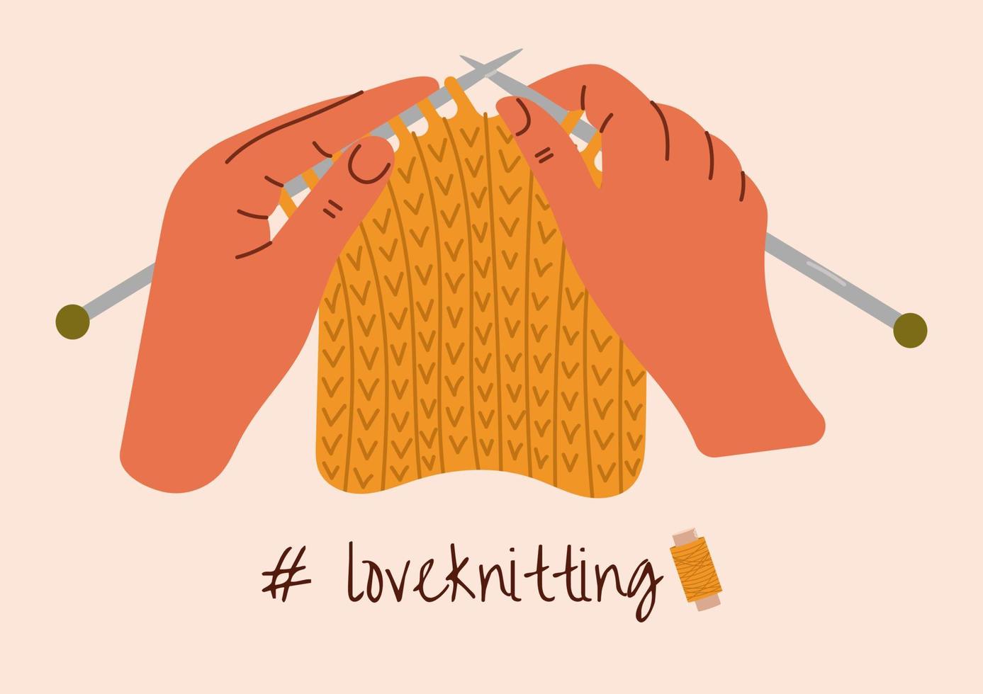 carte tricotée créative avec une phrase inspirante. conception d'affiches. passe-temps de tricot. les mains de la femme tricotent avec des aiguilles à tricoter. vecteur