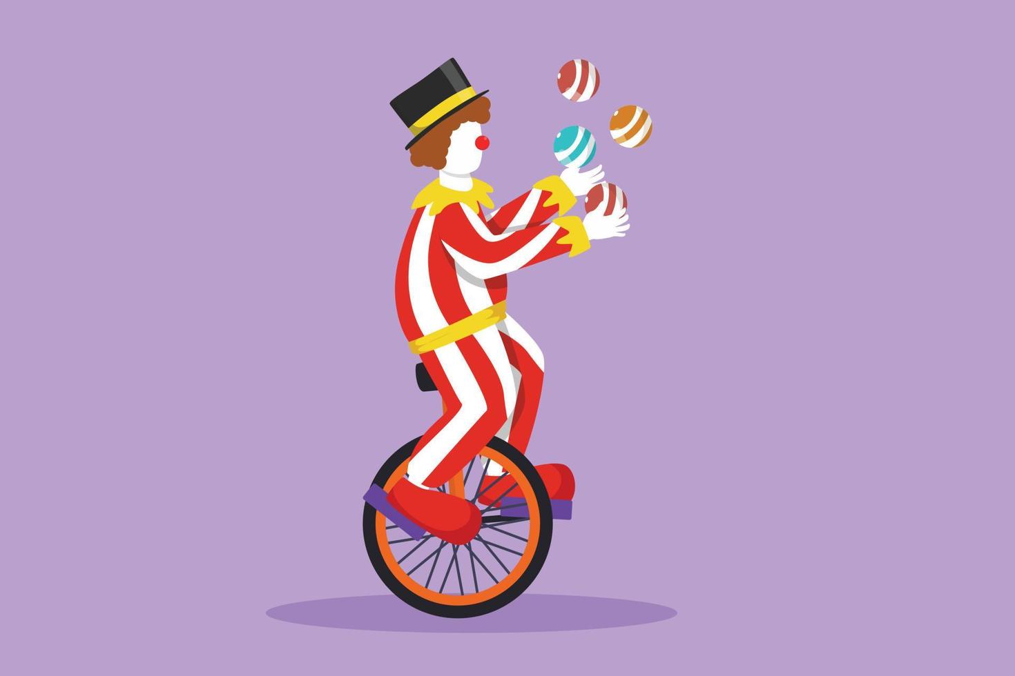dessin animé plat style dessinant un clown masculin attrayant jonglant sur un vélo. le clown jouant était très drôle et a diverti le public. performance d'événement de spectacle de cirque. illustration vectorielle de conception graphique vecteur
