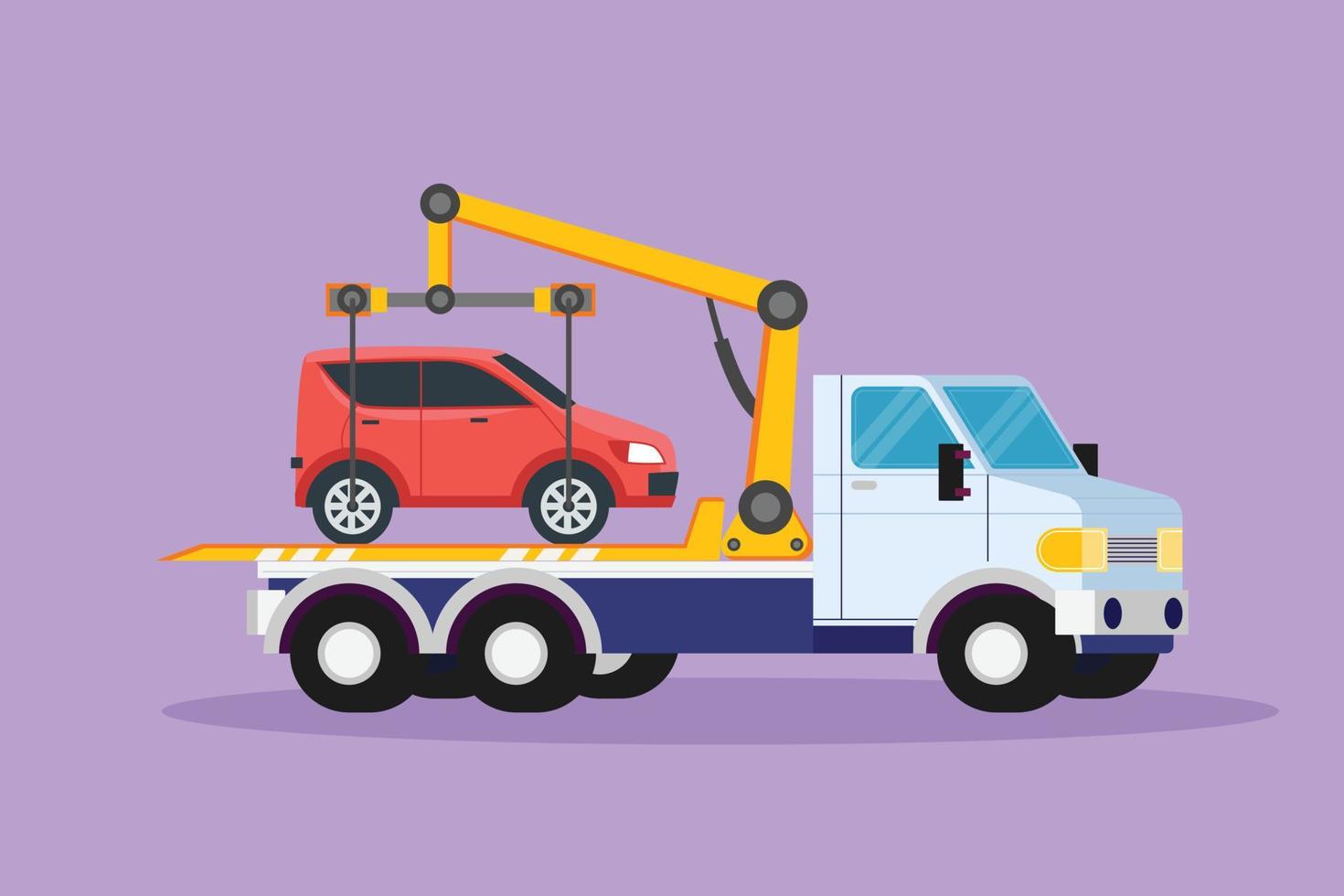 conception graphique à plat dessin dépanneuse transporte une voiture cassée dessus avec une grue. la voiture est emmenée au garage pour révision. service d'assistance sur l'autoroute. illustration vectorielle de style dessin animé vecteur