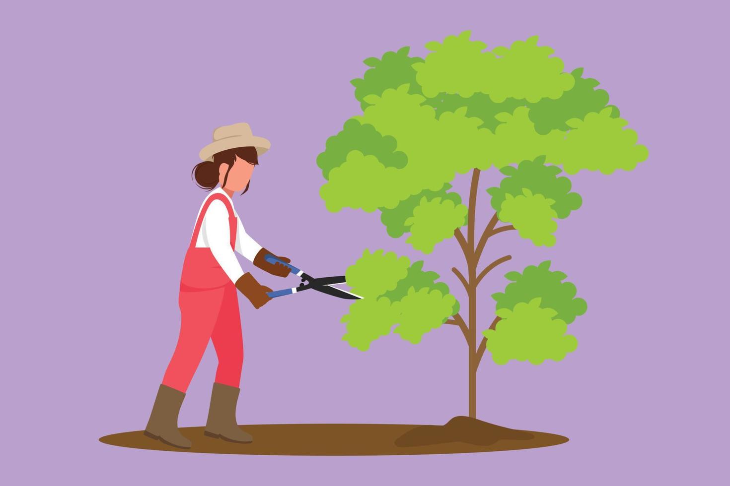 personnage dessin plat jardinier garnitures plante dans le jardin, femme coupant l'arbre dans le parc. sécateur pour couper le feuillage. paysagiste en salopette avec des ciseaux. illustration vectorielle de dessin animé vecteur