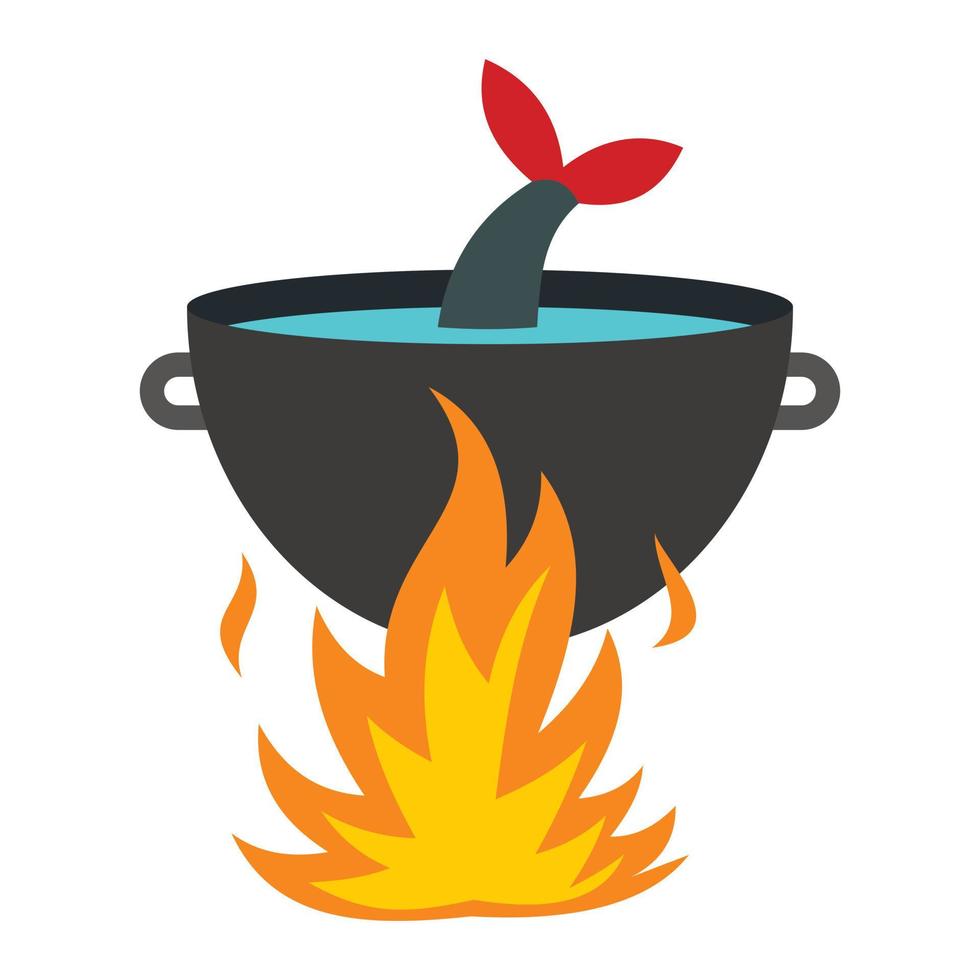 cuisson de la soupe de poisson sur une icône de feu, style plat vecteur