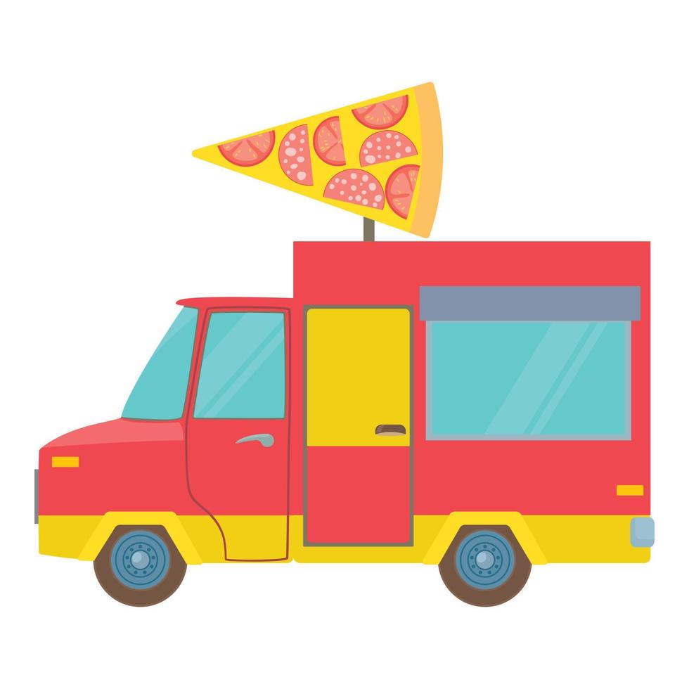 camion de nourriture avec une tranche d'icône de pizza, style cartoon vecteur