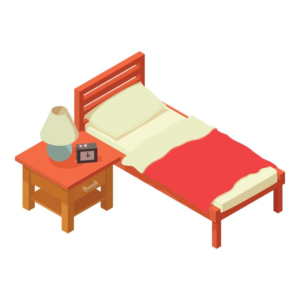 vecteur isométrique d'icône de meubles de chambre à coucher. lit simple et table de chevet avec lampe