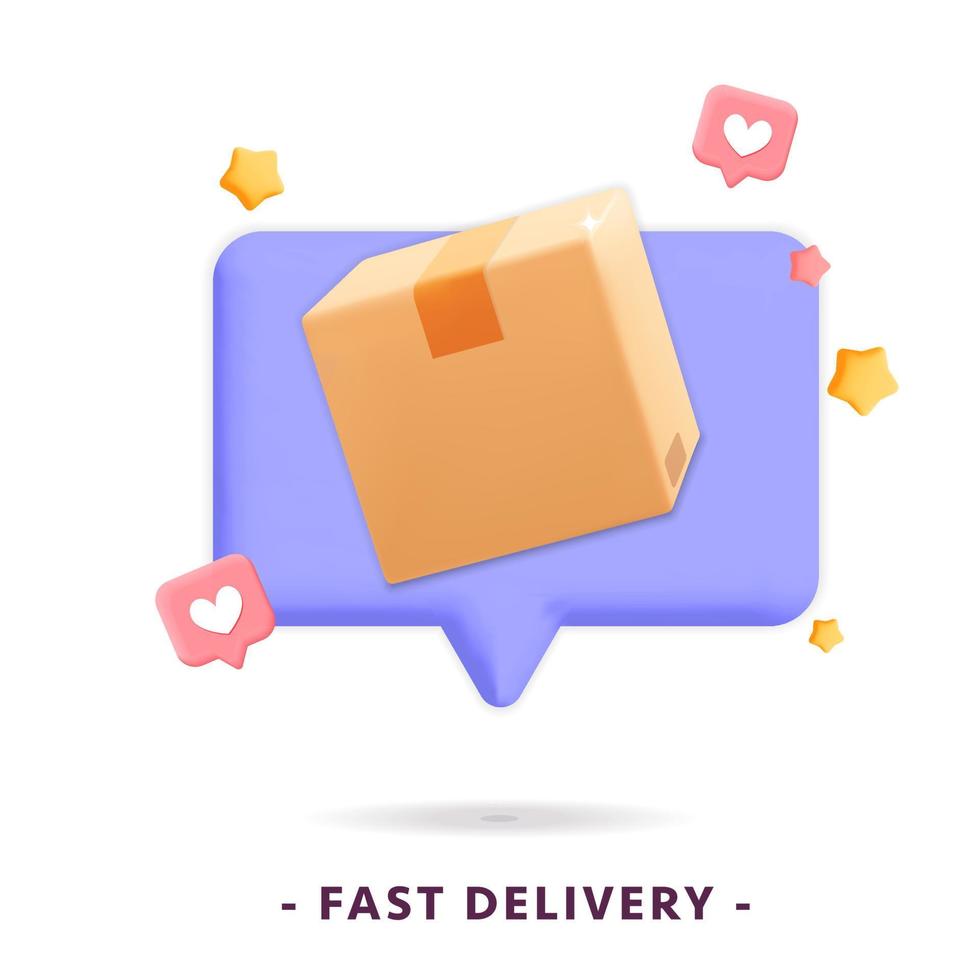 bulle de message de chat popup vecteur 3d avec icône de paquet de colis de boîte de papier en carton pour la conception de mer de service de livraison