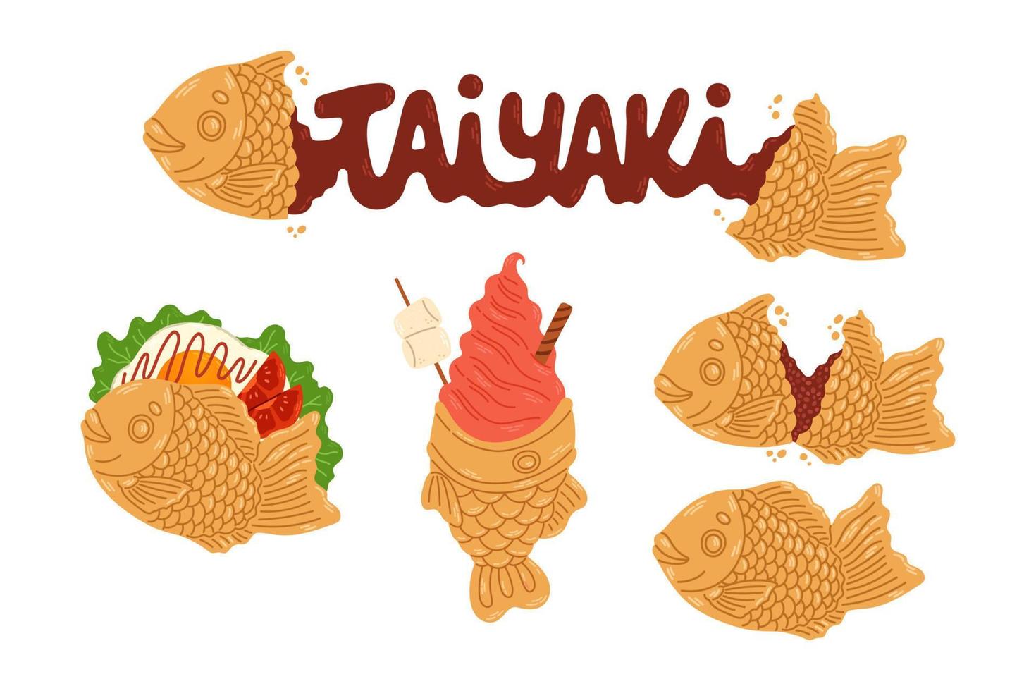 ensemble de boulangerie japonaise taiyaki. gâteau en forme de poisson fourré aux haricots rouges. cuisine de rue japonaise. illustration de vecteur de dessin animé.