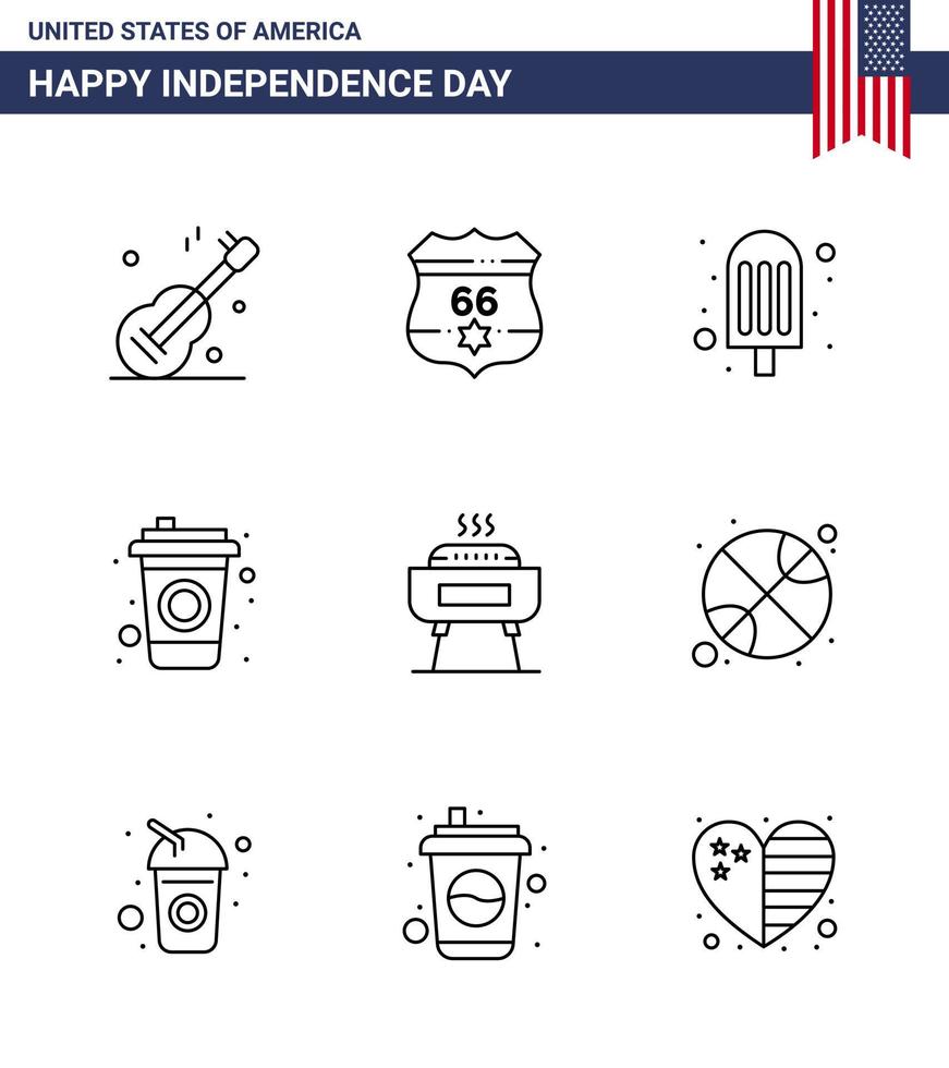 usa independance day line ensemble de 9 pictogrammes usa de célébration de vacances crème barbecue cola modifiable usa day vector design elements