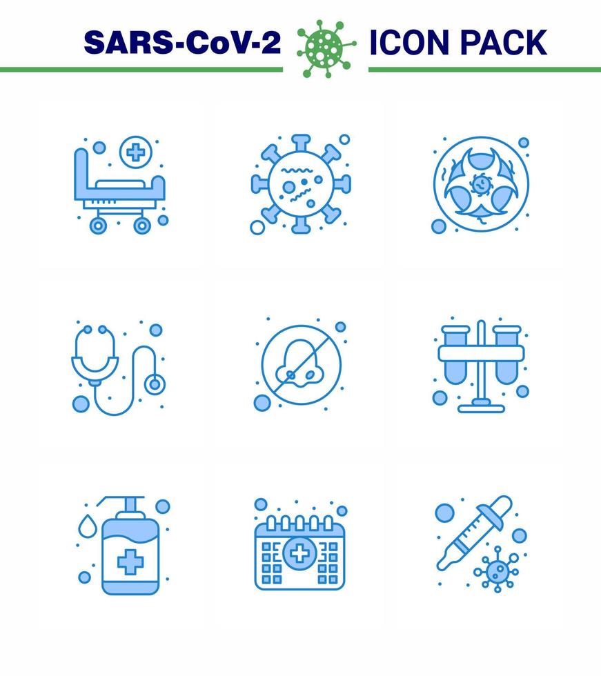 9 ensemble bleu d'icônes épidémiques de virus corona telles que stéthoscope hôpital micro-organisme sciences de la santé coronavirus viral 2019nov éléments de conception de vecteur de maladie