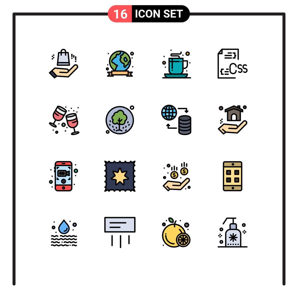 symboles d'icônes universels groupe de 16 lignes modernes remplies de couleurs plates de développement de tasse de fichier de boisson éléments de conception vectoriels créatifs modifiables css vecteur