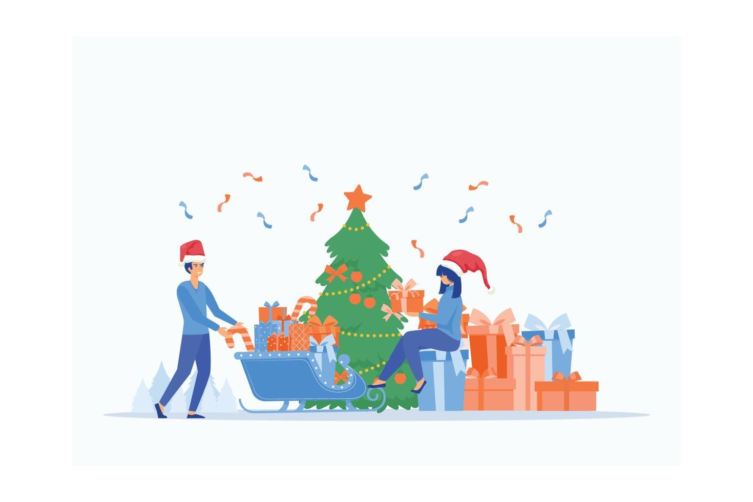 concept de célébrer le jour de noël pendant les vacances de travail. les gens préparent des fêtes de noël et des cadeaux, illustration moderne de vecteur plat