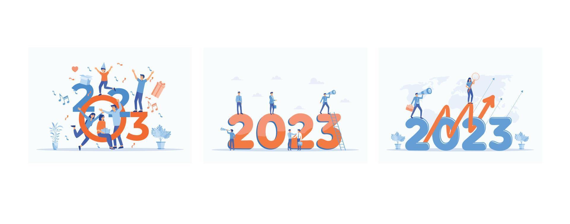 bonne année 2023 carte de voeux, équipe commerciale à la recherche de nouvelles opportunités, leadership. vision. réalisation, définir une illustration moderne à vecteur plat