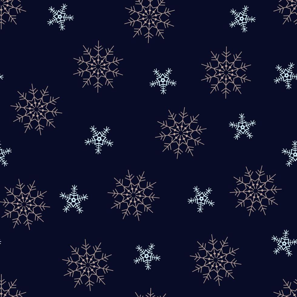 flocons de neige brun clair et bleu motif géométrique sans couture grands et petits sur un fond bleu foncé. illustration vectorielle pour l'impression d'hiver. peut être utilisé comme emballage vecteur