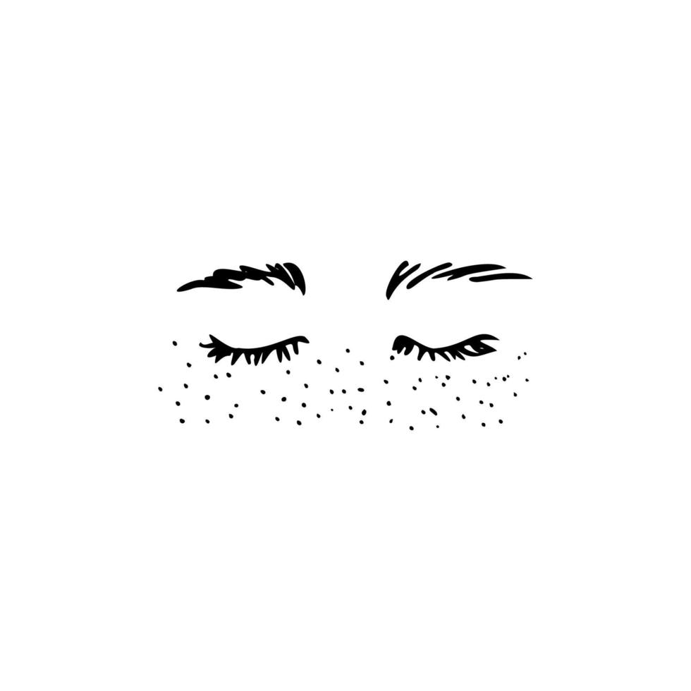 yeux fermés avec des taches de rousseur dans le style doodle - dessin vectoriel dessiné à la main