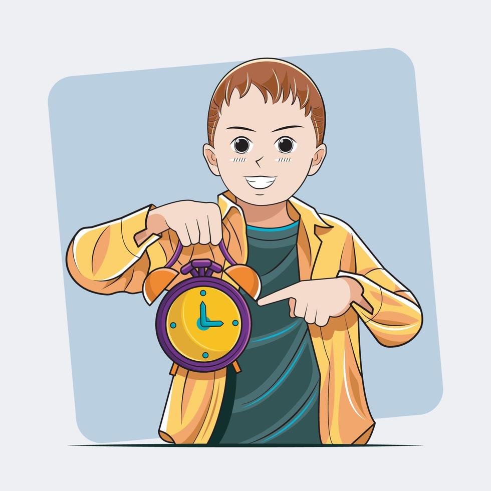 étude d'enfant. garçon pointant vers une horloge antique dans la maison illustration vectorielle téléchargement gratuit vecteur