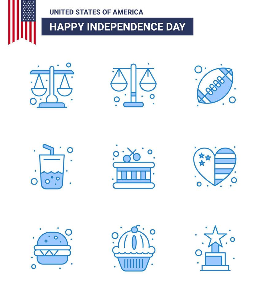 groupe de 9 blues pour le jour de l'indépendance des états-unis d'amérique tels que le drapeau coeur bâtons de verre tambour modifiable usa day vector design elements