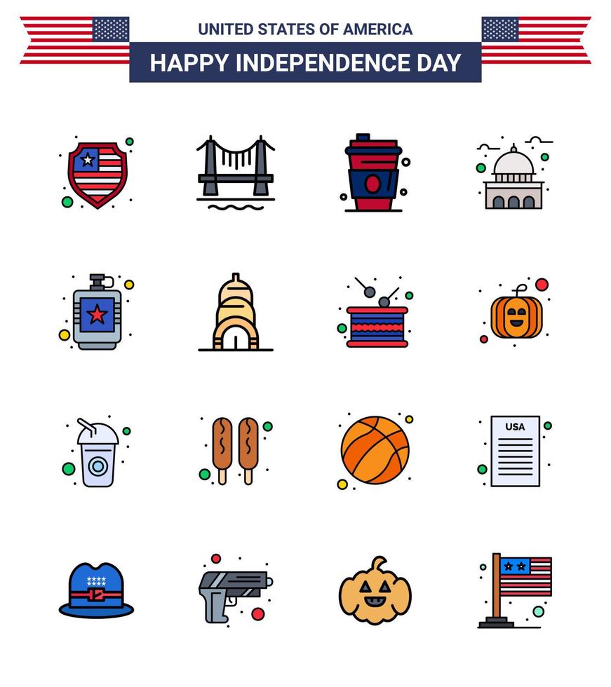 gros pack de 16 usa joyeux jour de l'indépendance usa vecteur lignes remplies à plat et symboles modifiables de boisson boisson blanche usa maison modifiable usa day vector design elements