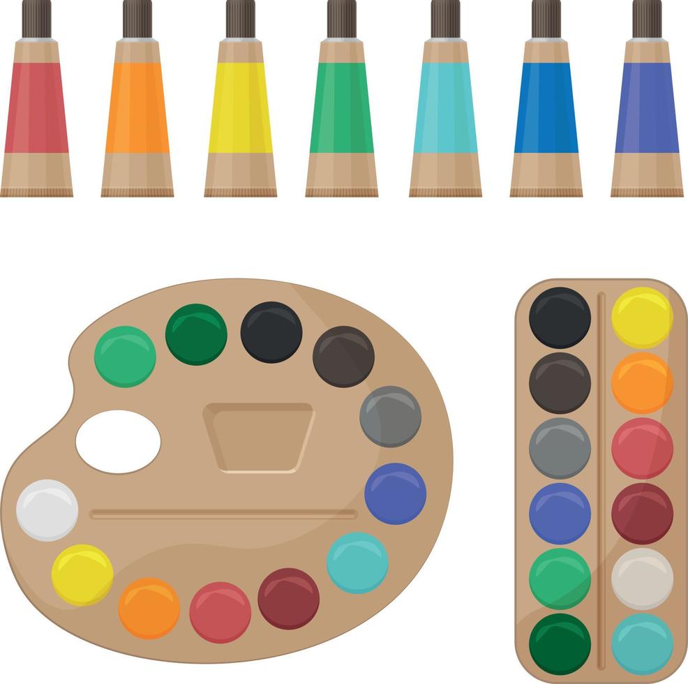 un ensemble de couleurs vives de peintures multicolores pour la créativité et le dessin. kit de peinture scolaire. les accessoires de l artiste. peintures en tubes et sur la palette. illustration vectorielle sur fond blanc vecteur