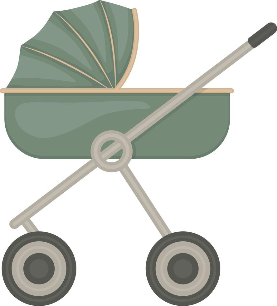 une poussette de style dessin animé. poussette verte pour le transport des bébés. illustration vectorielle isolée sur fond blanc vecteur