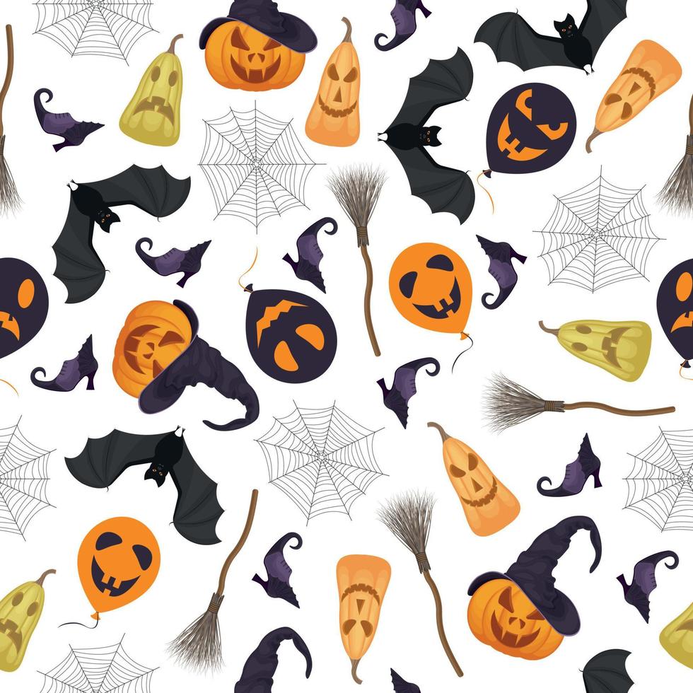 un motif lumineux et harmonieux avec des symboles d'halloween tels que chauve-souris, citrouille, balai, toile d'araignée, chaussures de sorcière et ballons.le symbole d'halloween pour l'impression. illustration vectorielle vecteur