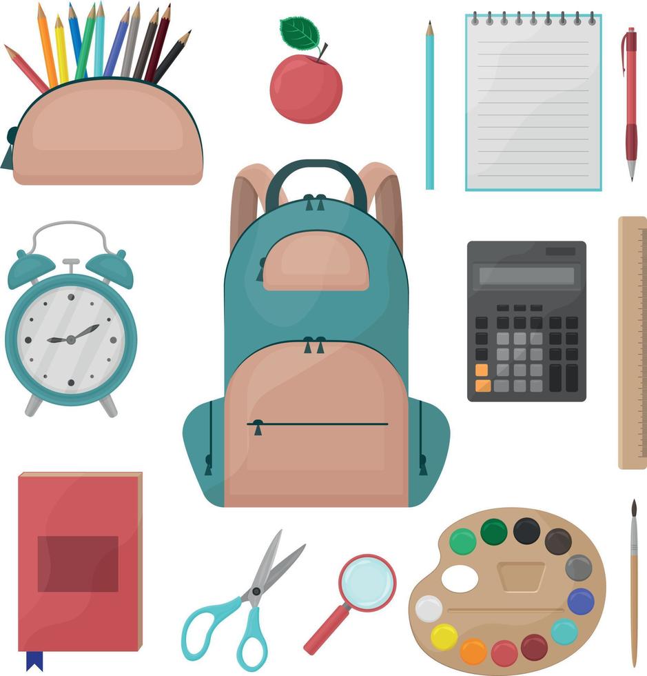 un ensemble de fournitures scolaires, de la papeterie, une trousse avec des crayons, une pomme, un cahier, un stylo, un réveil, une mallette scolaire et aussi une calculatrice, une règle, un pinceau et de la peinture, une loupe vecteur