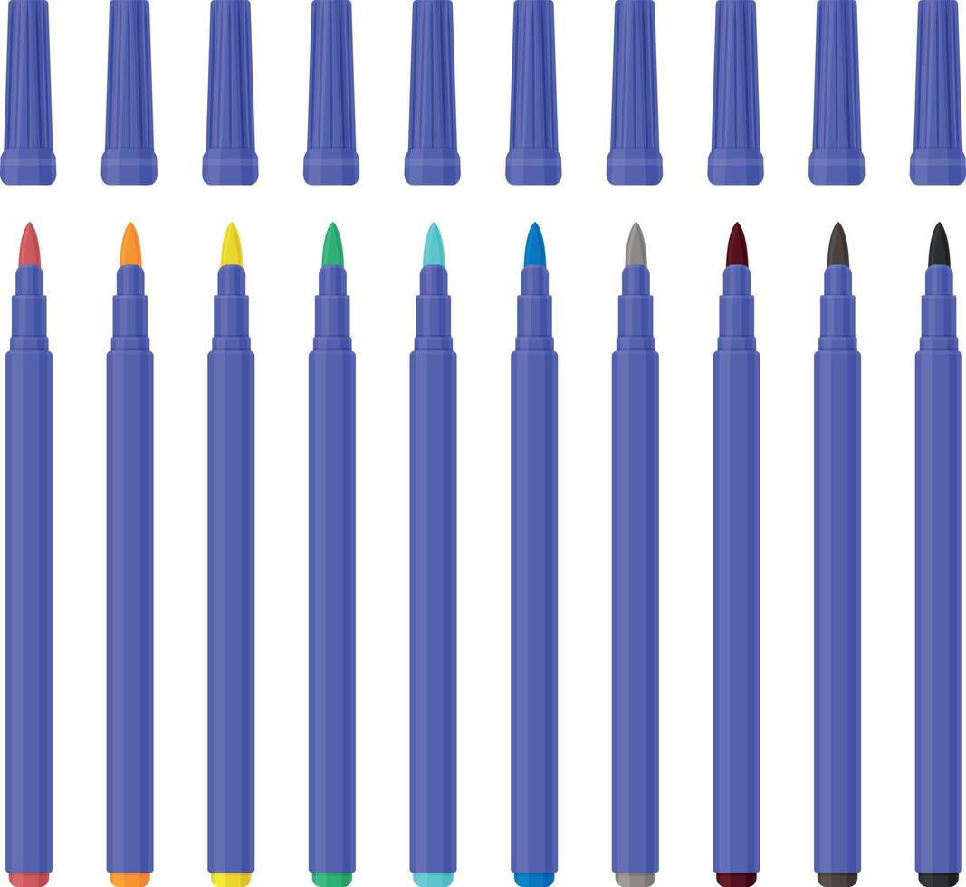 un grand ensemble de marqueurs colorés de différentes couleurs. marqueurs de couleur scolaire pour le dessin. un ensemble pour la créativité. Fournitures de bureau. illustration vectorielle sur fond blanc vecteur