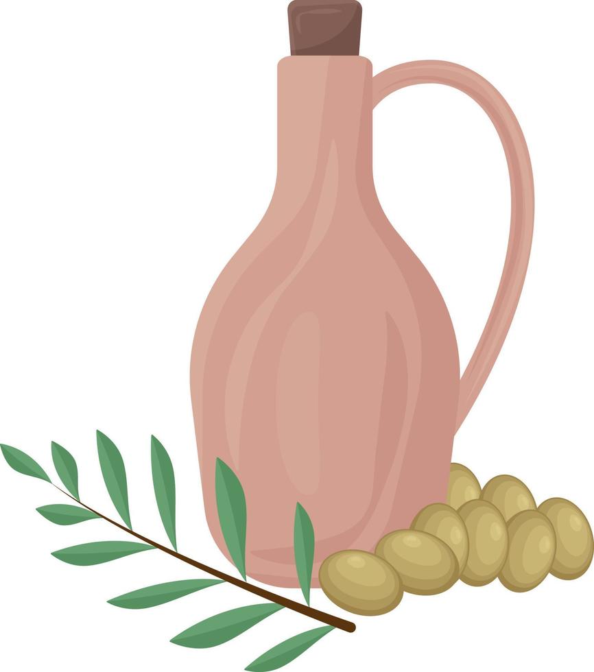 une cruche d'argile pour l'huile d'olive avec des olives à côté et une branche d'olive avec des feuilles vertes. un pot d'huile. illustration vectorielle isolée sur fond blanc. vecteur