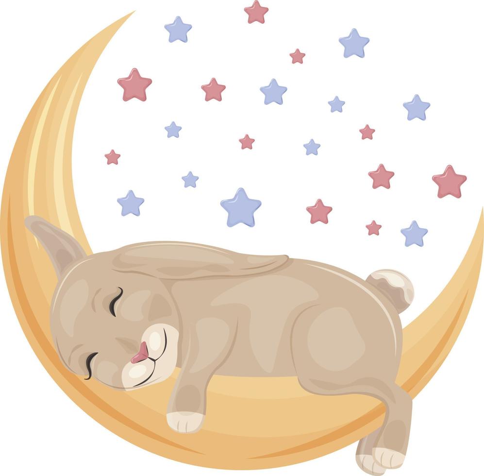 illustration lumineuse et mignonne pour enfants avec l'image d'un lapin mignon dormant sur la lune entouré d'étoiles colorées. illustration d'impression pour enfants. un lièvre sur un croissant de lune.vecteur. vecteur