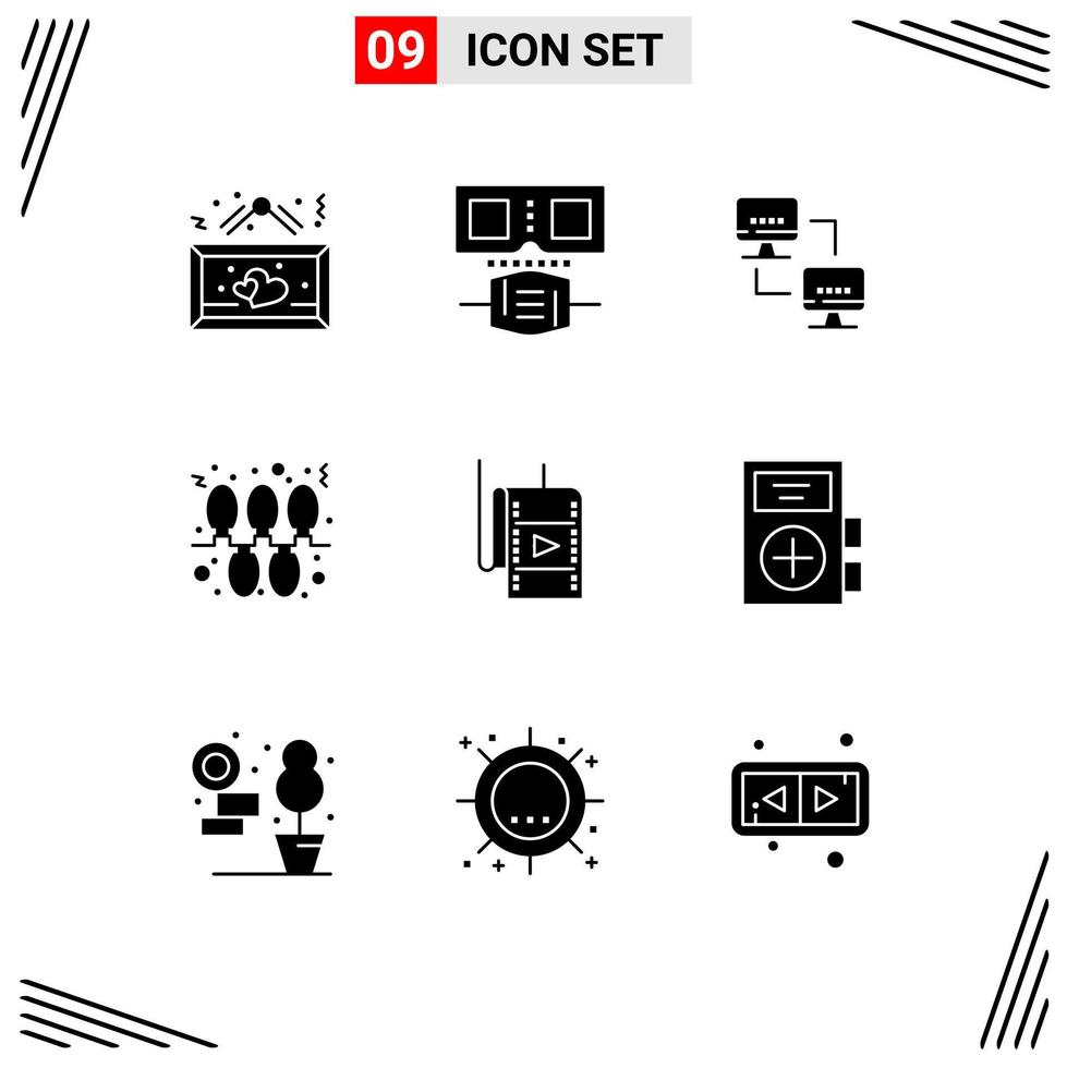 pack d'interface utilisateur de 9 glyphes solides de base de guirlandes d'ordinateur de vacances de cinéma éléments de conception vectoriels modifiables vecteur