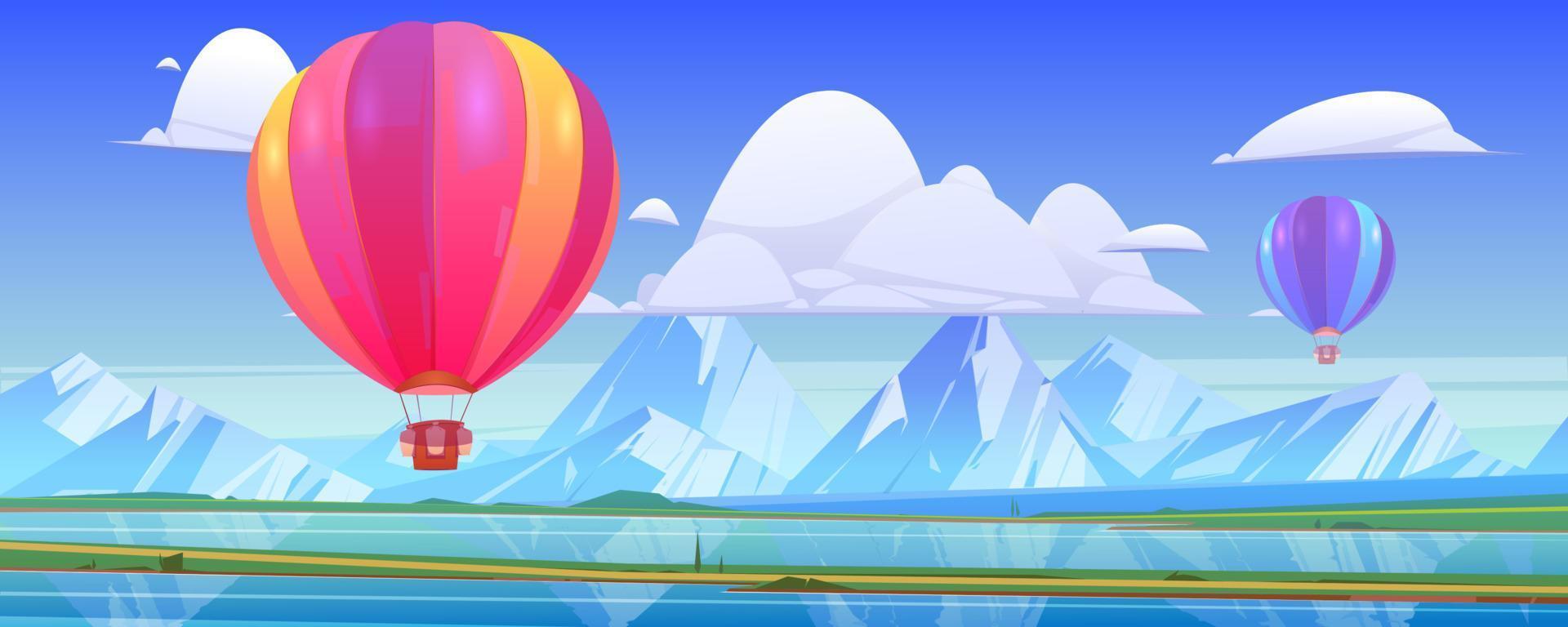 montgolfières volent au-dessus de la vallée de montagne vecteur