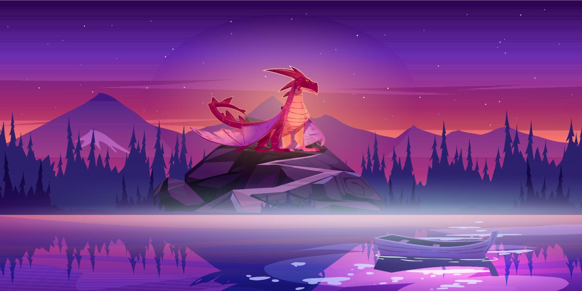 paysage de montagne avec dragon rouge et lac vecteur