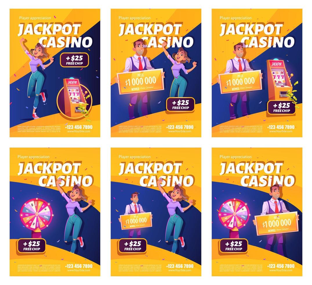 jackpot casino gagner des affiches publicitaires. femme chanceuse gagnante vecteur