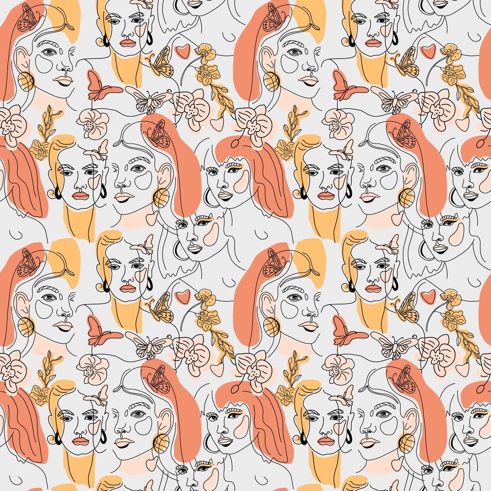 ensemble de visages féminins, motif de style de ligne minimal vecteur