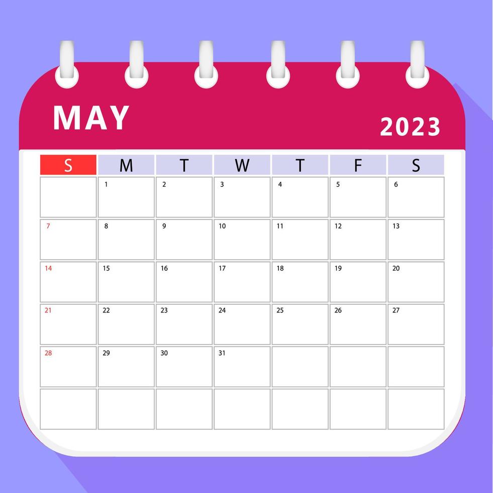 modèle de planificateur de calendrier de mai 2023. conception de vecteur. vecteur