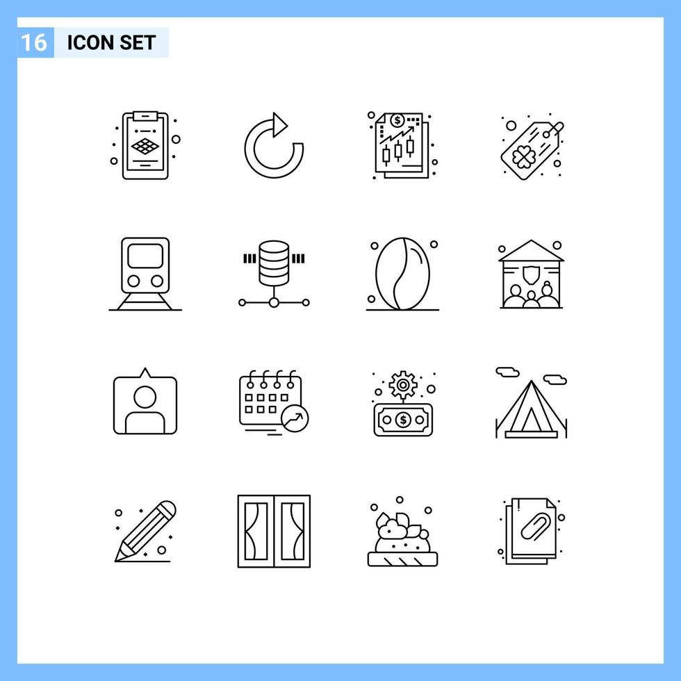 16 contours universels définis pour les applications web et mobiles informatique transport argent train rail éléments de conception vectoriels modifiables vecteur