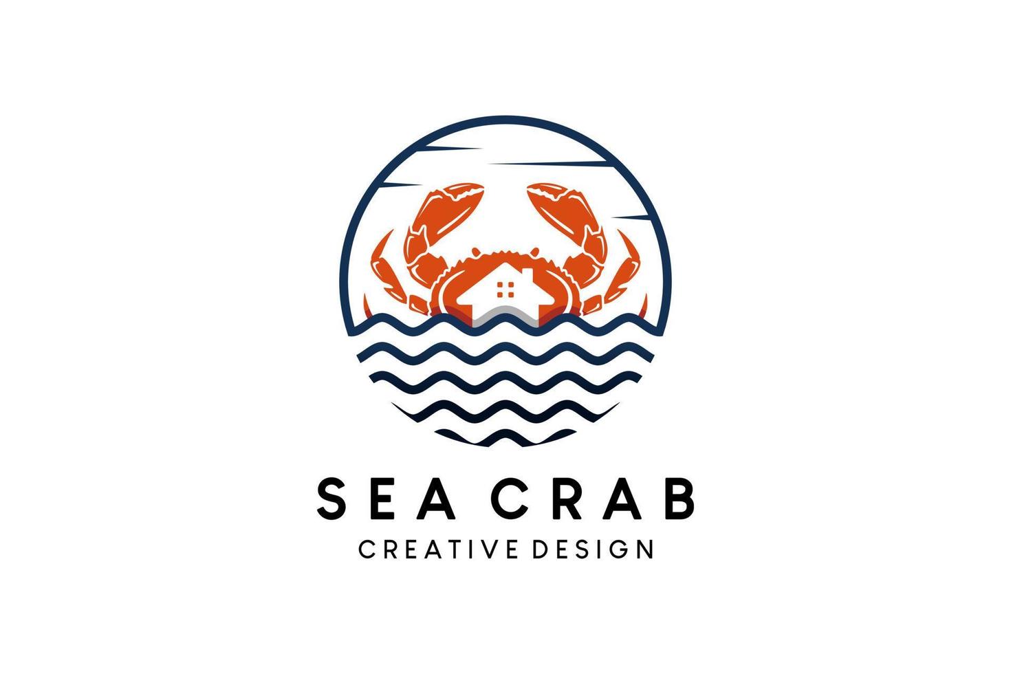 création de logo de crabe combinée à une illustration de vagues d'eau ou d'océan vecteur
