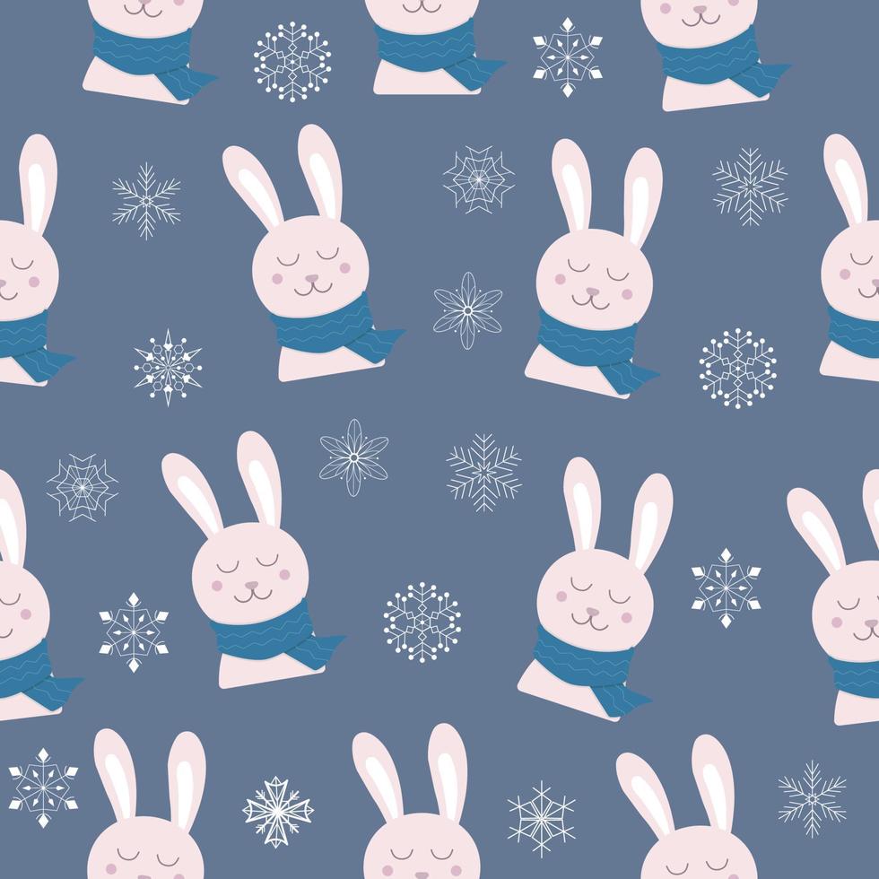 modèle sans couture avec lapin rose noël hiver sur écharpe sur fond bleu foncé avec des flocons de neige vecteur