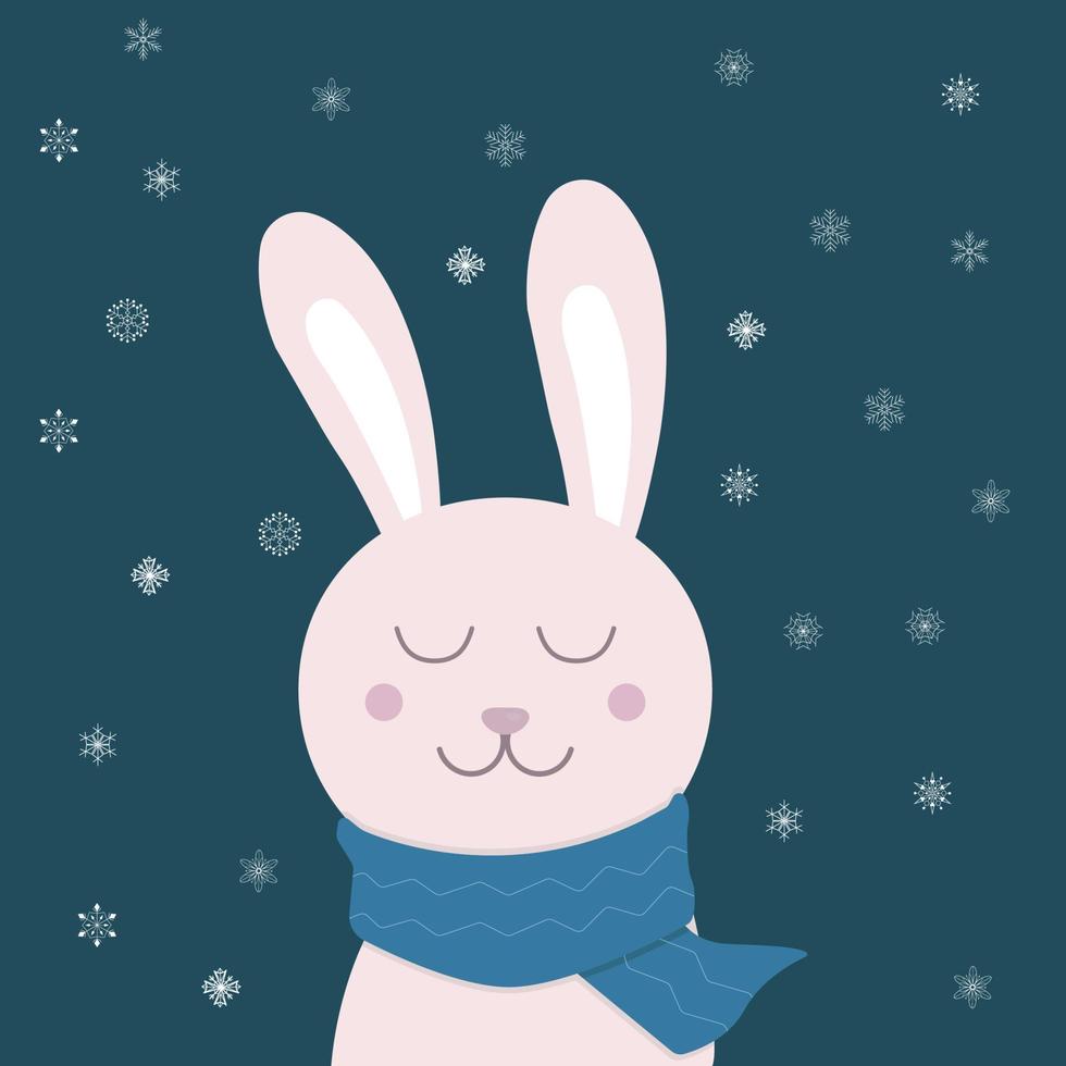 lapin rose de noël d'hiver sur une écharpe sur fond bleu foncé avec des flocons de neige vecteur