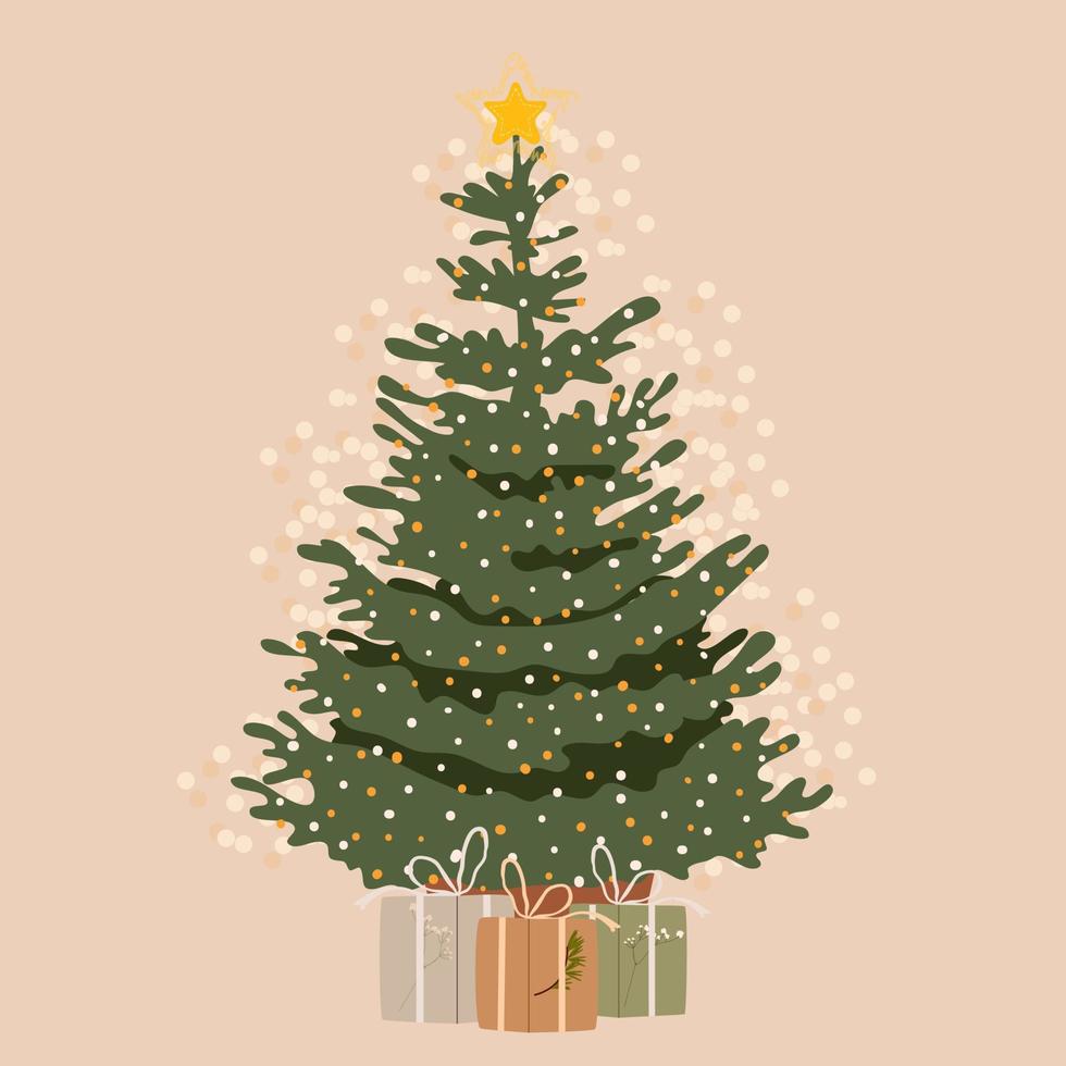 arbre de noël avec des cadeaux décorés de guirlandes de vacances et d'étoiles. sapin de noël étincelant de lumières. illustration vectorielle vecteur