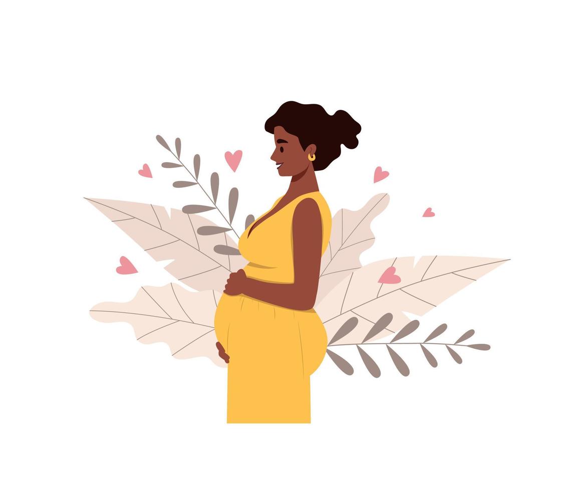 femme enceinte noire avec fond nature et feuilles. maman à la peau foncée. illustration vectorielle dans un style plat vecteur