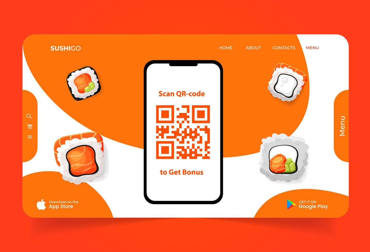 page d'accueil avec application de prototype de téléphone avec sushi et code qr pour le site Web. page de destination avec de la nourriture asiatique vecteur