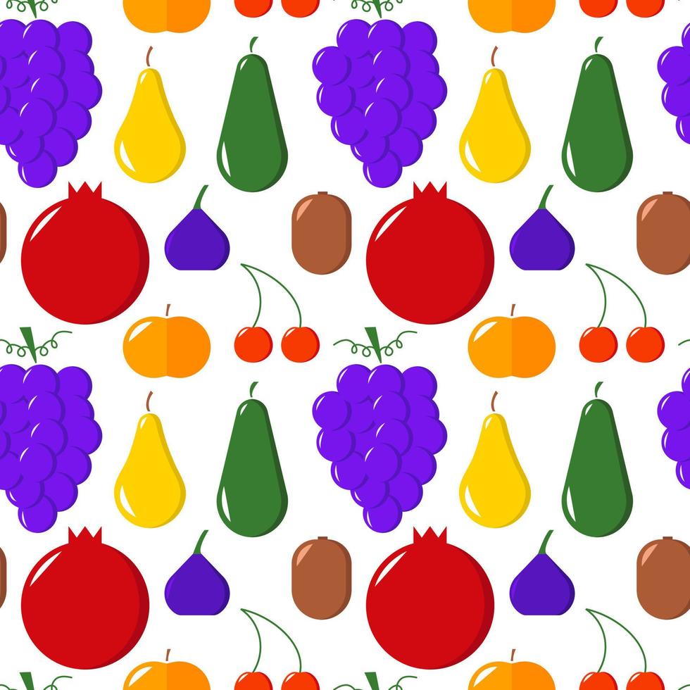 modèle sans couture de différents fruits. fond plat de fruits de vecteur. raisin, kiwi, mangue, cerise, grenade, pêche, figue, avocat, poire, pomme vecteur