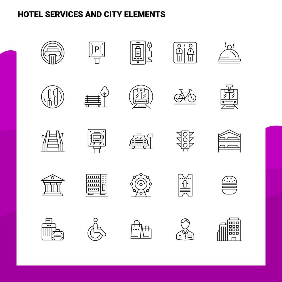 ensemble de services hôteliers et d'éléments de la ville jeu d'icônes de ligne 25 icônes vectorielles conception de style minimalisme icônes noires définies pack de pictogrammes linéaires vecteur