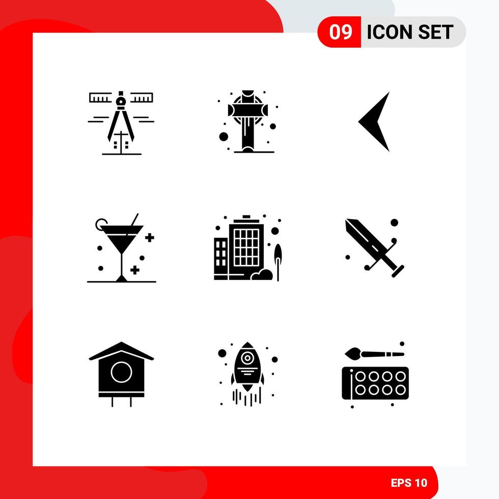 pack de 9 signes et symboles de glyphes solides modernes pour les supports d'impression Web tels que la flèche de construction d'entreprise cocktail d'été éléments de conception vectoriels modifiables vecteur