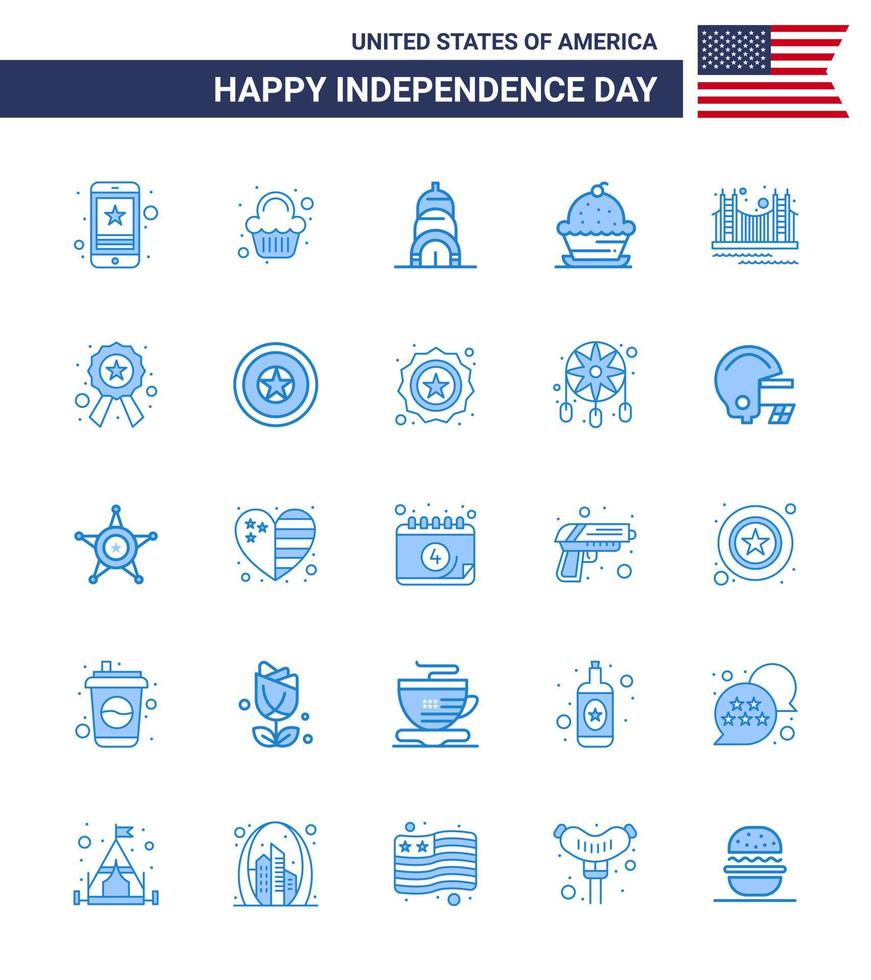 joyeux jour de l'indépendance 4 juillet ensemble de 25 pictogrammes américains de blues de pont doux célébration muffin gâteau modifiable usa day vector design elements