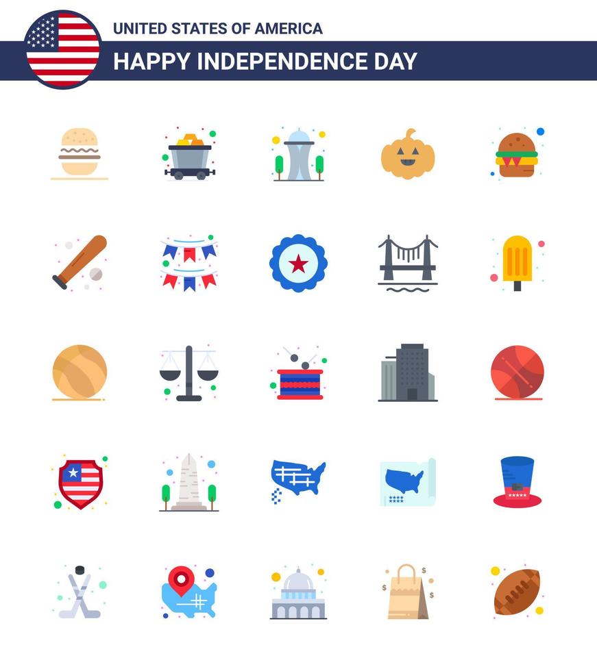 4 juillet usa joyeux jour de l'indépendance icône symboles groupe de 25 appartements modernes de repas repère rapide burger américain modifiable usa day vector design elements